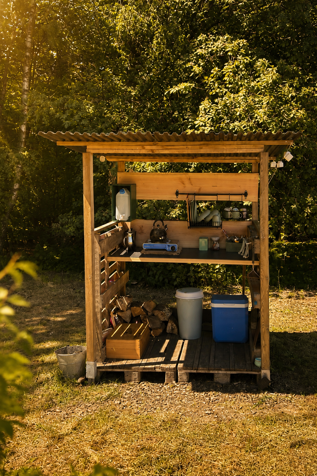 Real off-grid outdoor kitchen setup at a forest campsite