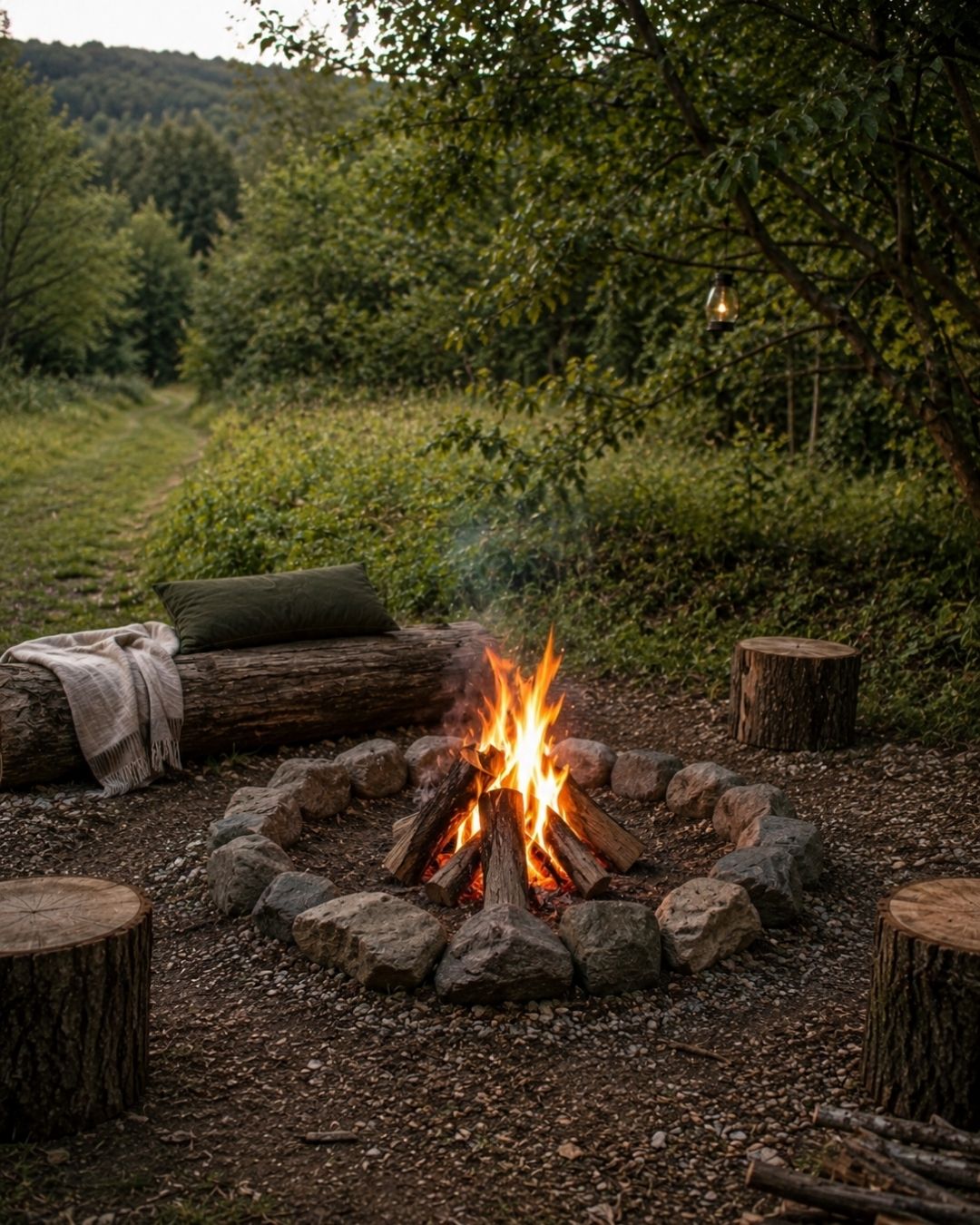 Cozy campfire seating area with forest in the background