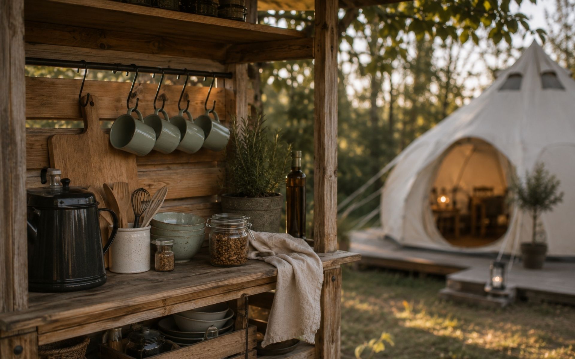 Small outdoor kitchen in a woodland glamping setup
