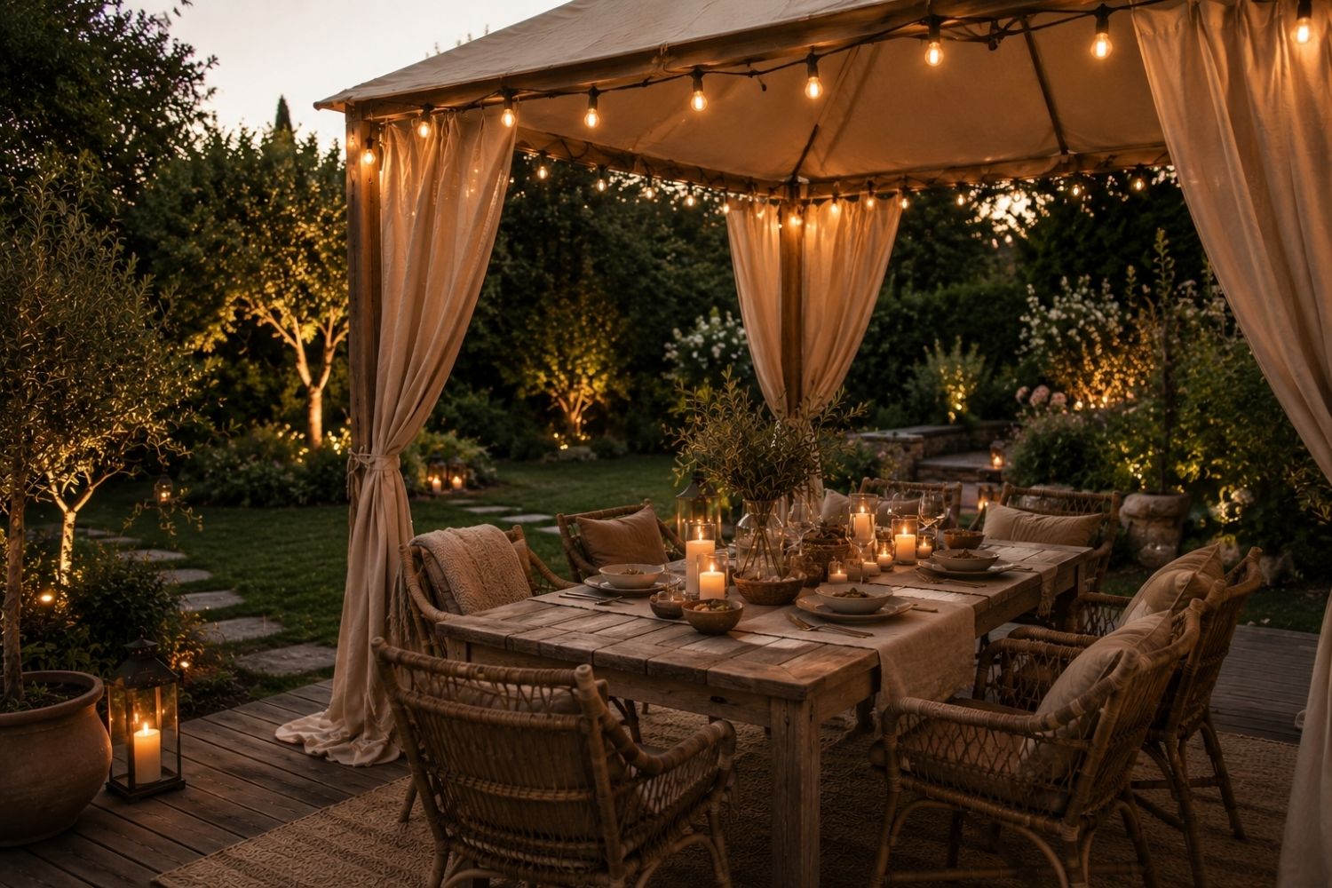 Covered outdoor living room with table chairs and warm lights