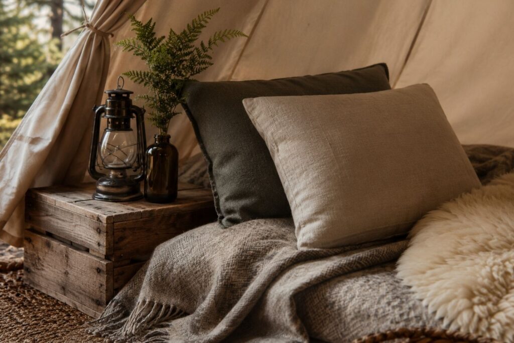 Natural linen wool and wood textures inside a glamping tent