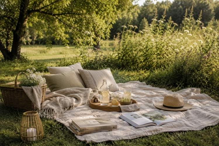 Blanket and cushion picnic corner in the garden