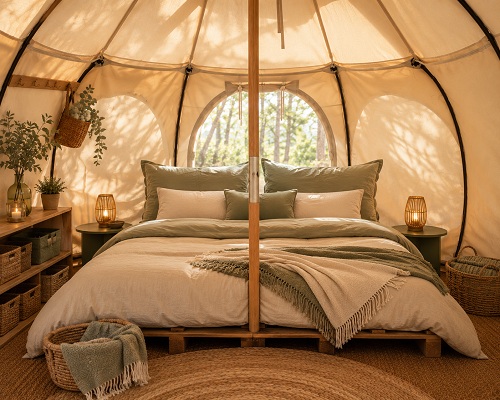 Cozy glamping tent interior with a layered bed