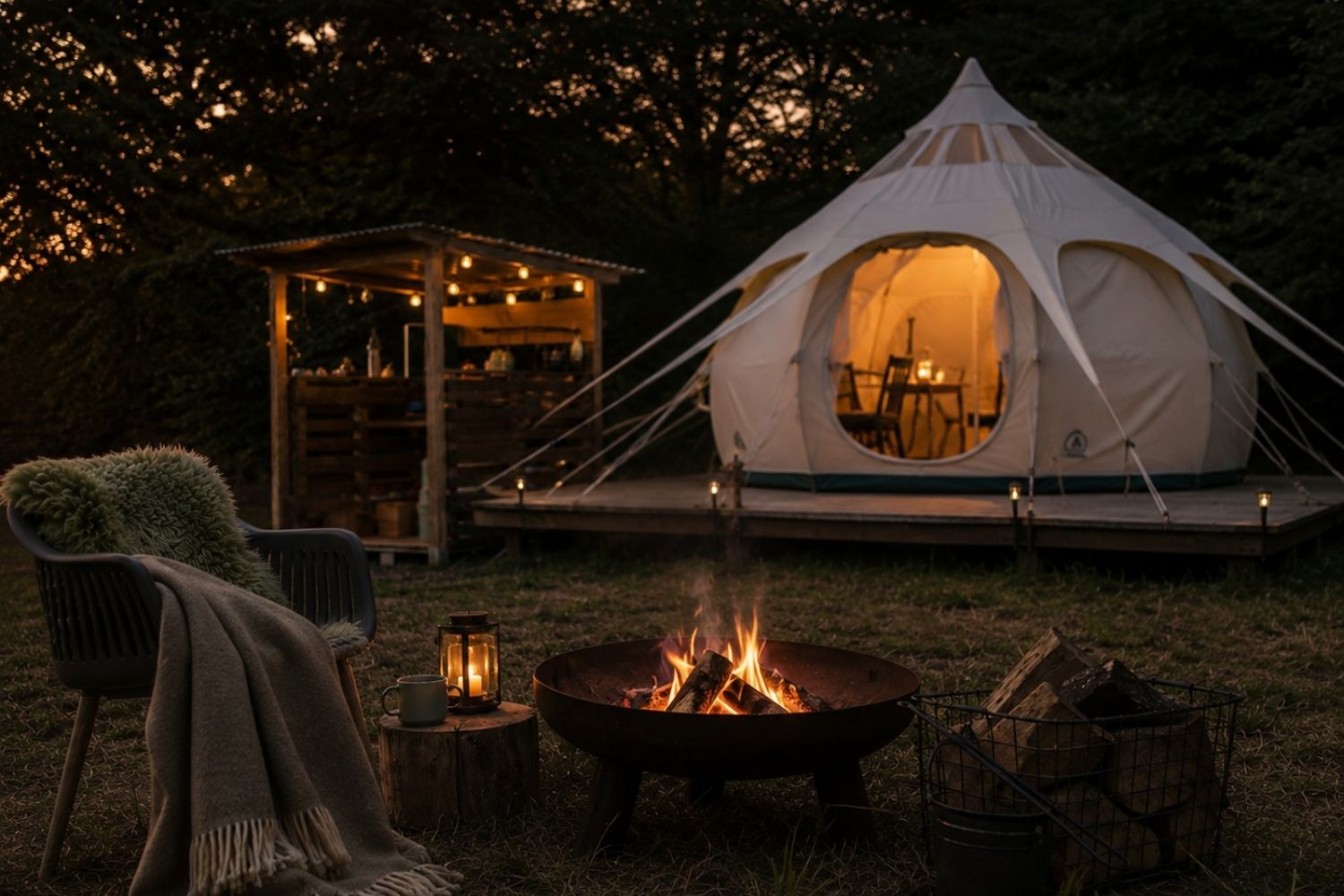 Warm solar lighting around a canvas tent in the woods