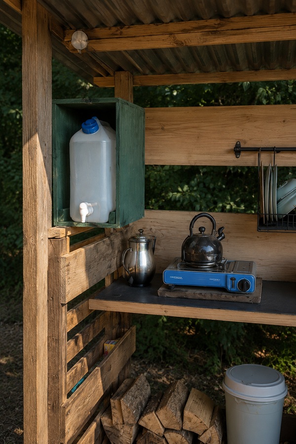 Drinking-water container with tap in an off-grid outdoor kitchen