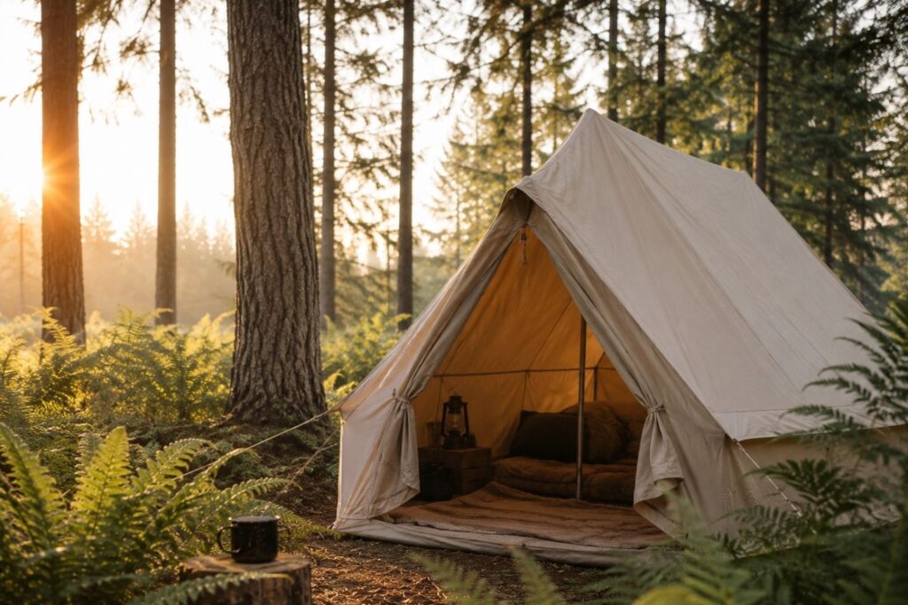 Canvas glamping tent at the edge of a peaceful forest