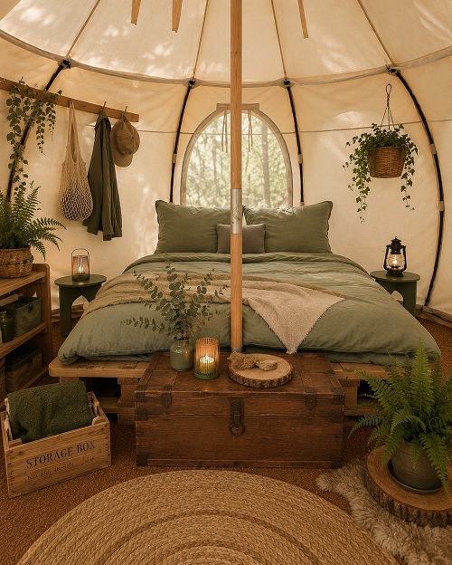 Forest-inspired glamping tent interior with natural colors