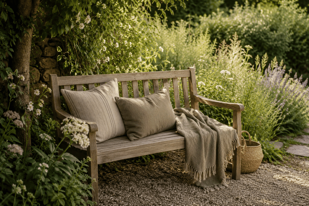 Cozy garden bench with blanket and outdoor cushions
