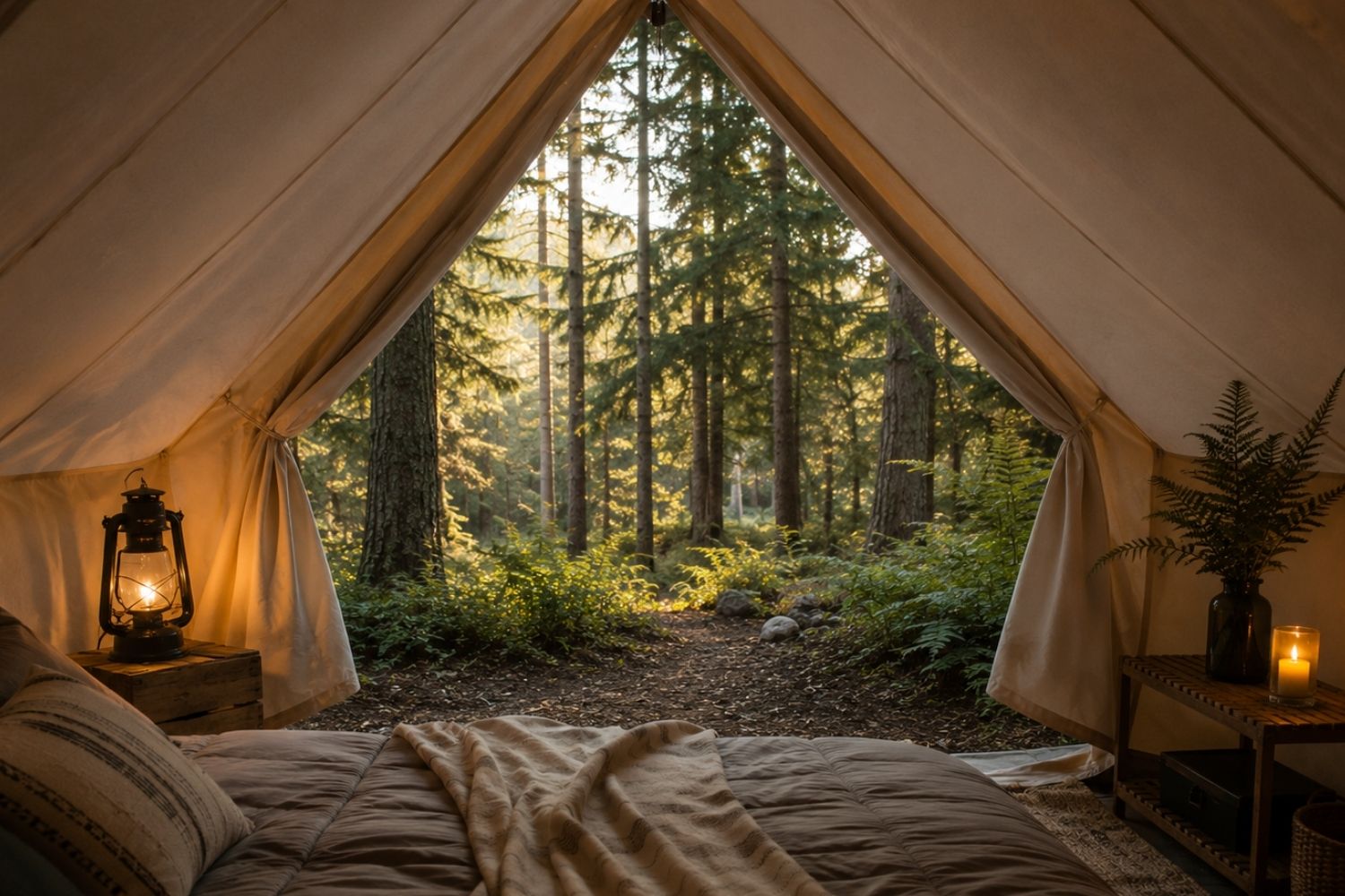 Glamping bed facing an open view of the forest