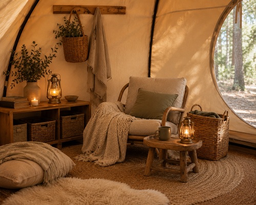 Glamping tent interior with a cozy reading corner