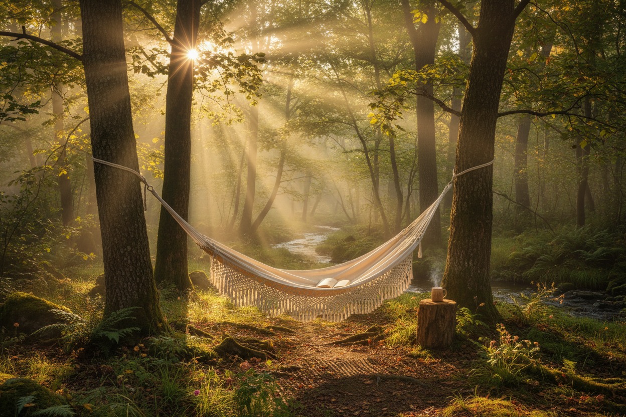 Quiet hammock beneath trees at a forest glamping retreat