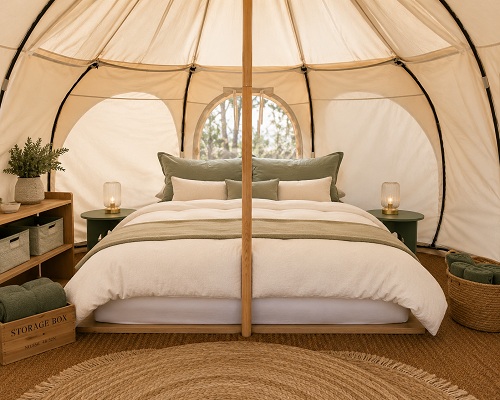 Luxury glamping tent interior with hotel-style bedding
