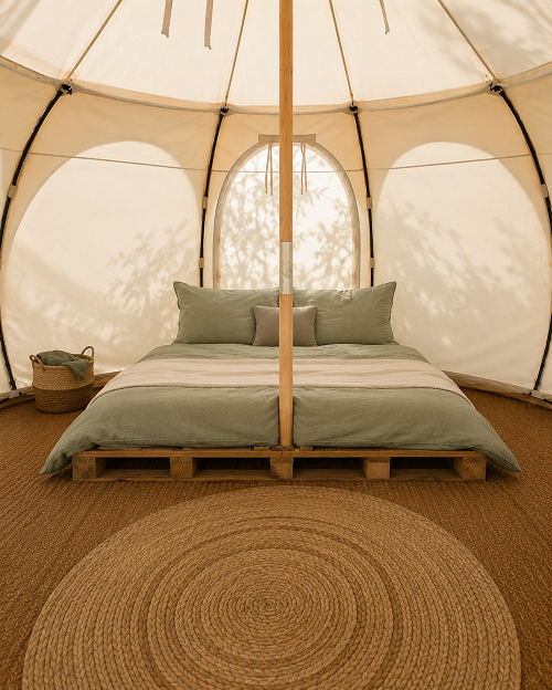Minimalist glamping tent interior designed for slow living