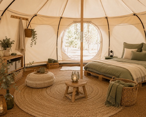 Neutral canvas tent interior with linen and natural textures