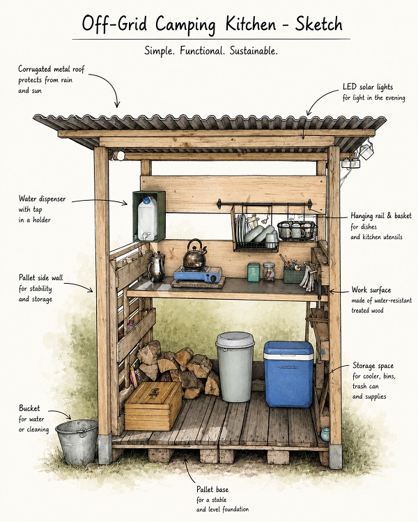 Sketch showing the layout of a DIY off-grid outdoor kitchen