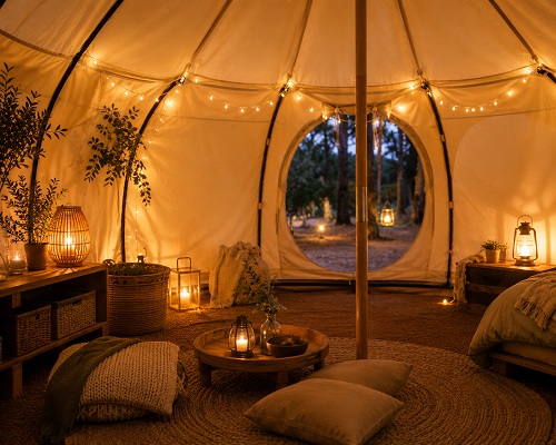 Romantic glamping tent interior with warm lighting
