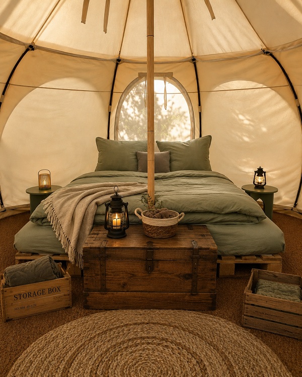 Rustic glamping tent interior with reclaimed wood furniture