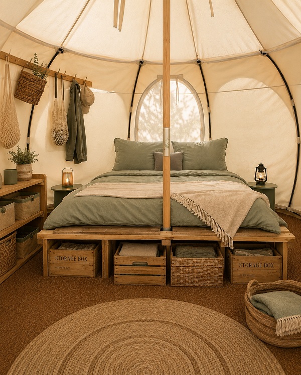Small glamping tent interior with clever storage ideas