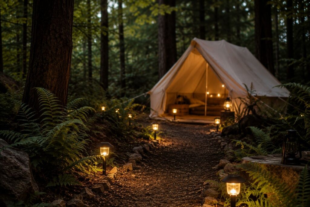 Natural woodland path leading to a forest glamping tent