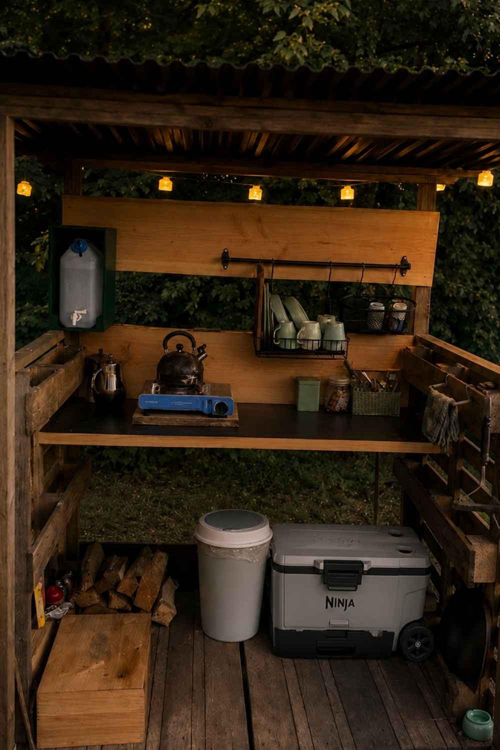 Camping cooler stored in the shade at an off-grid outdoor kitchen