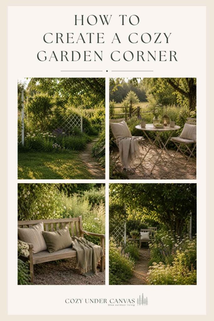 Learn how to create a cozy garden corner with comfortable seating, shade, soft textiles, warm lighting, natural textures and slow outdoor living details.