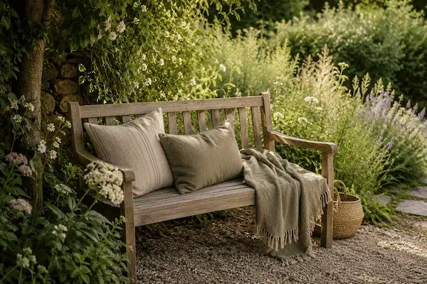 Cozy garden bench with blanket and outdoor cushions