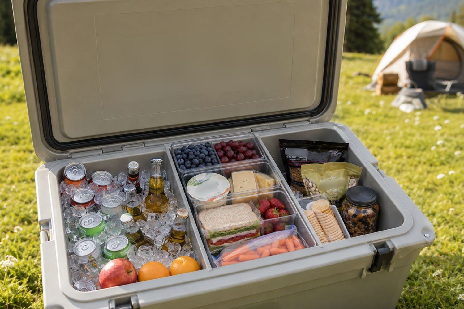 Passive cooler for camping with clear storage zones