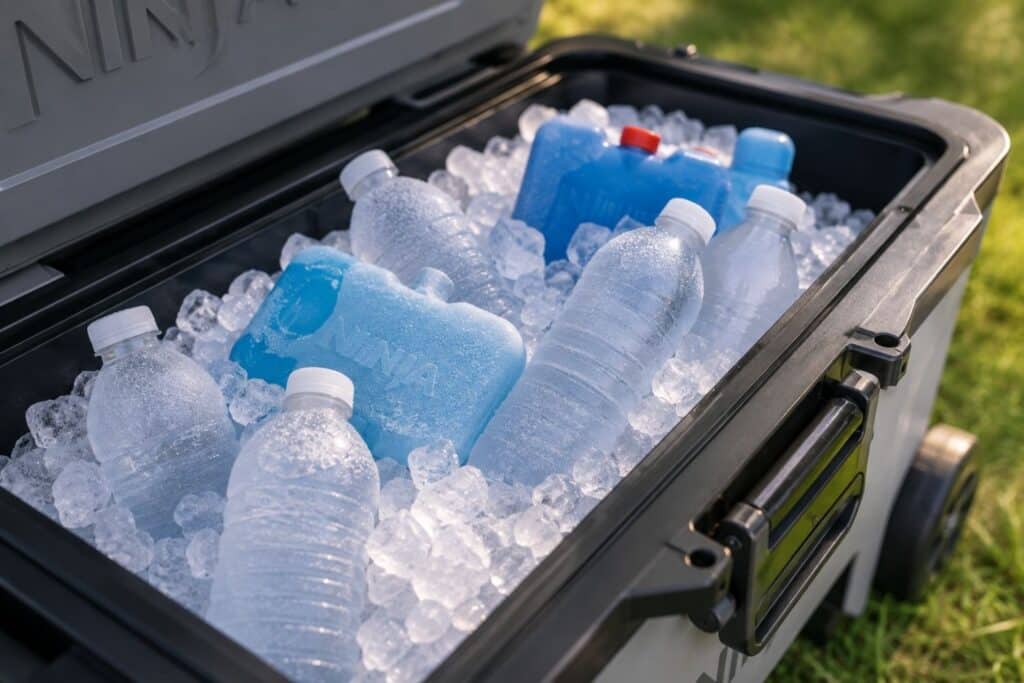 Frozen water bottles and ice for keeping food cold while camping