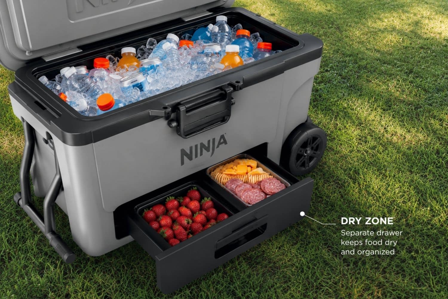 Passive cooler camping setup with dry food storage drawer