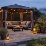 Lantern-lit cozy garden corner in the evening