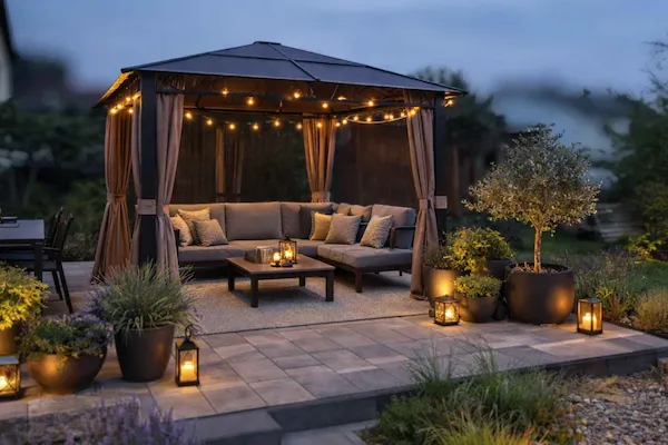 Lantern-lit cozy garden corner in the evening